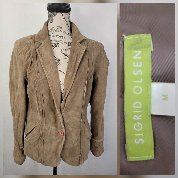 Sigrid Olsen Suede Blazer Jacket Womens SZ Medium Leather Two Buttons Gray Green - Picture 1 of 12